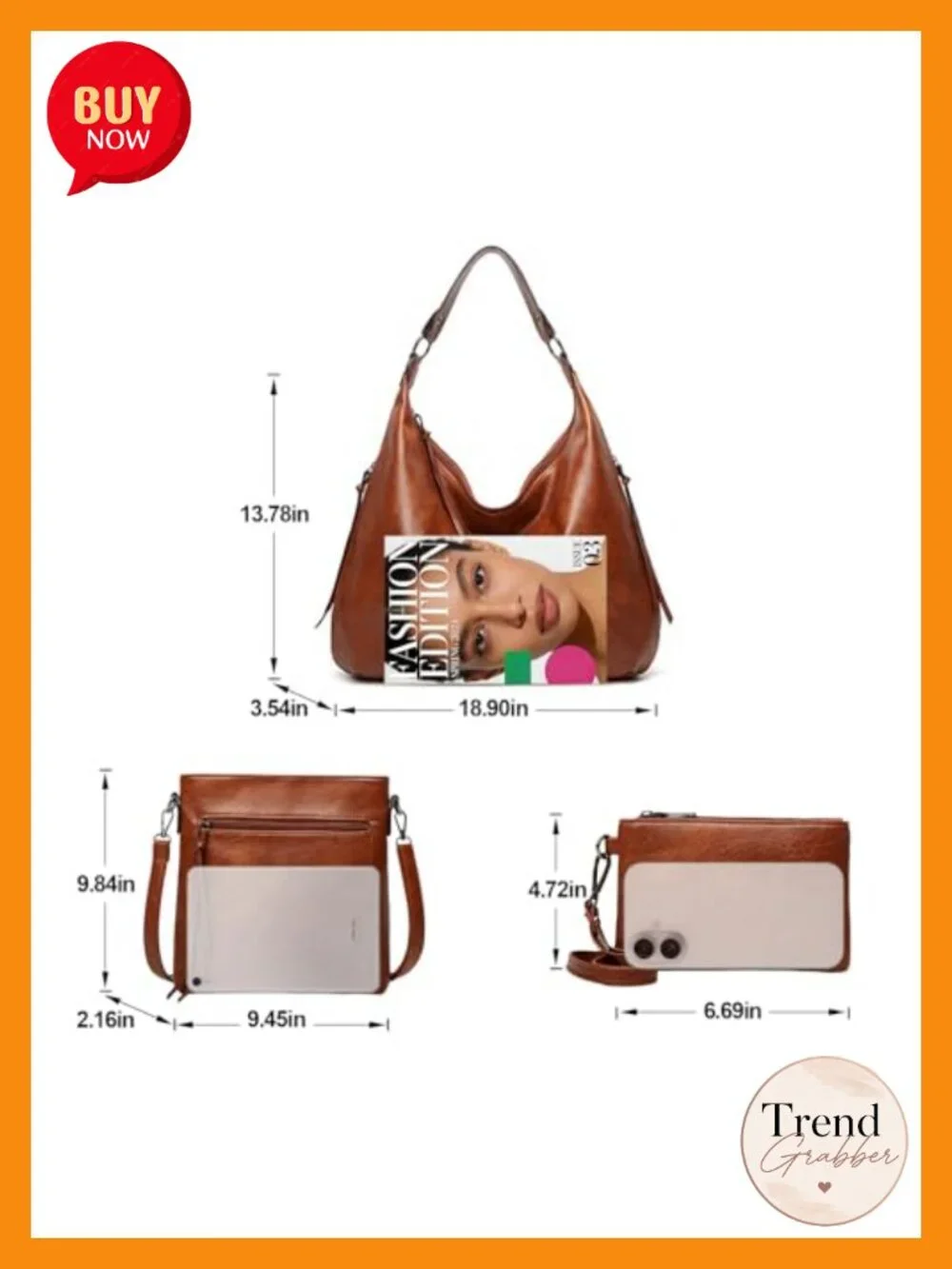 3-Piece PU Leather Handbag Set Crossbody & Wristlet Large Hobo Work Travel